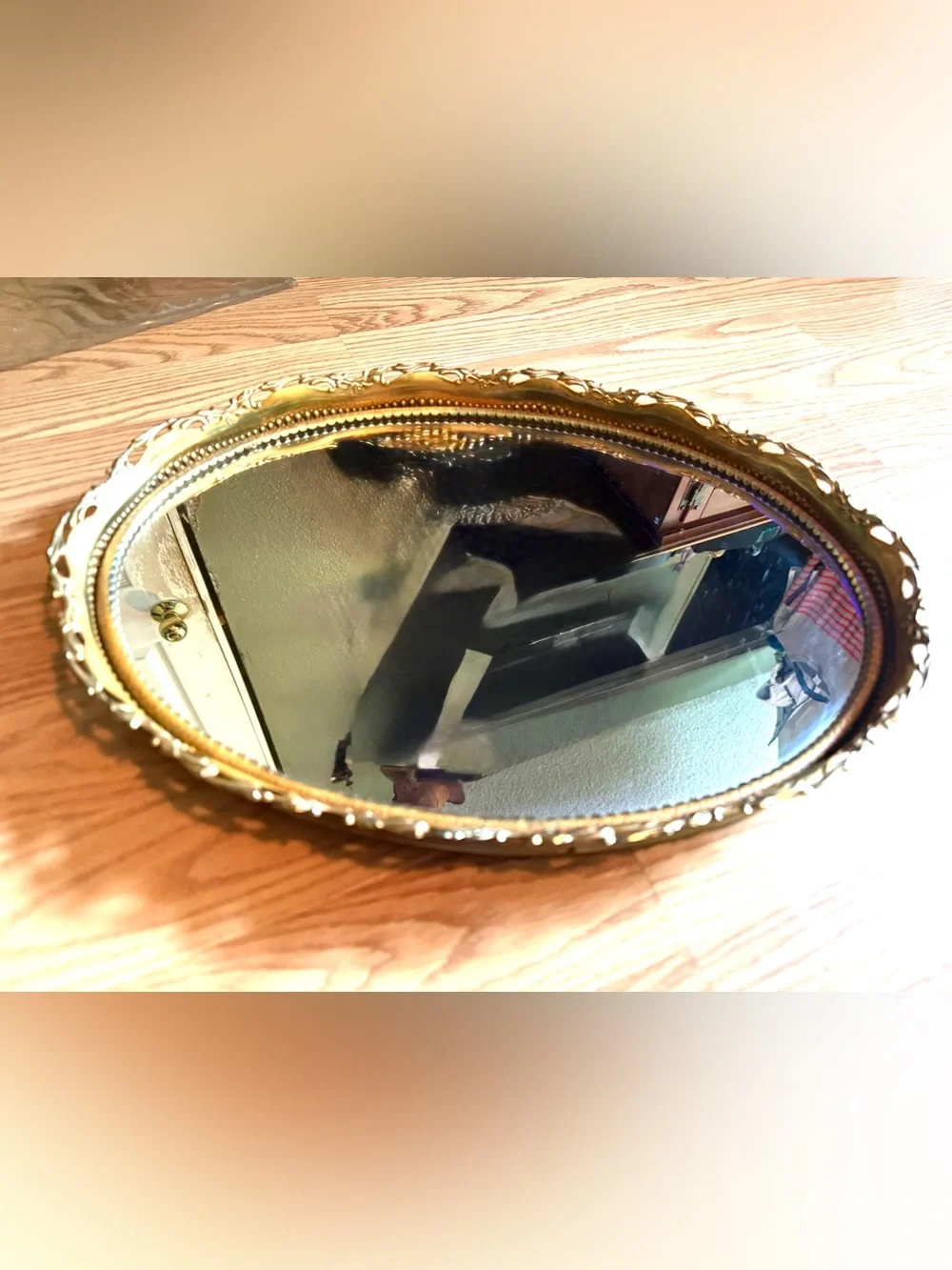 Vintage Midcentury Footed Mirrored Oval Dish Vanity Decor Ormolu Gold Plated